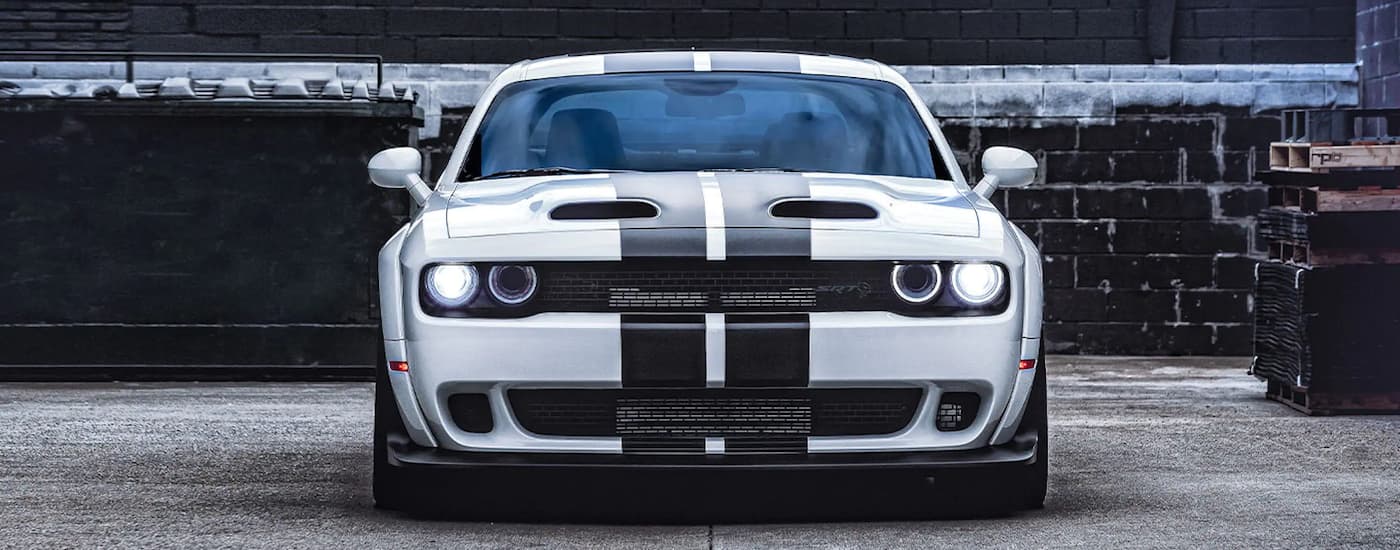 A silver 2022 Dodge Challenger SRT Hellcat Redeye is shown from the front after leaving a Dodge dealer near you.