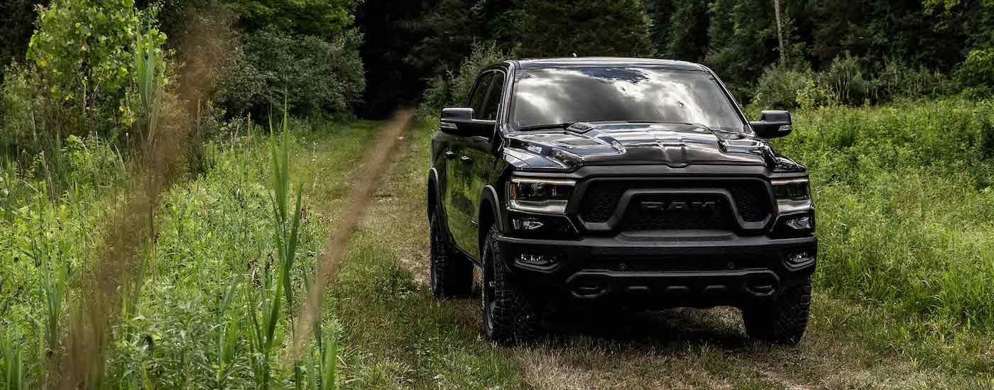 A black 2022 Ram 1500 Rebel is shown on a path surrounded by tall grass.